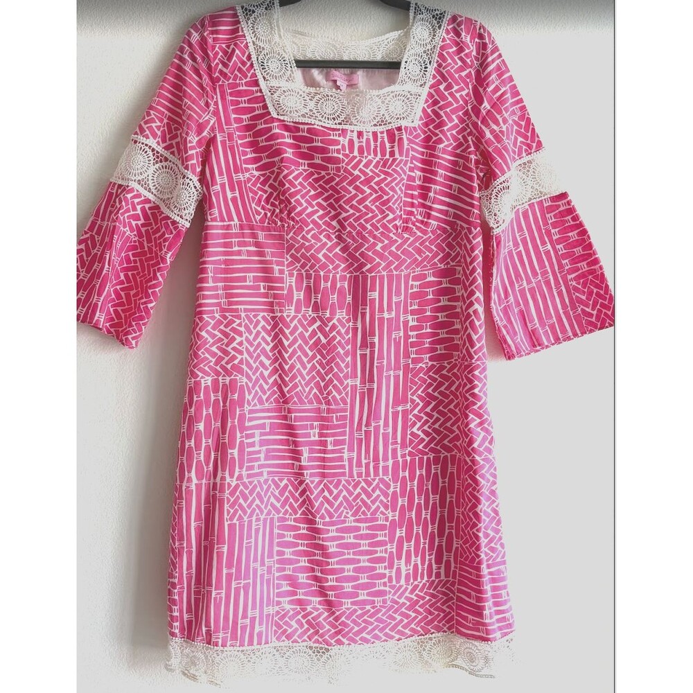 Lilly Pulitzer Chapman Tunic Dress - Hot Pink White Bamboo Patch Crochet Lace